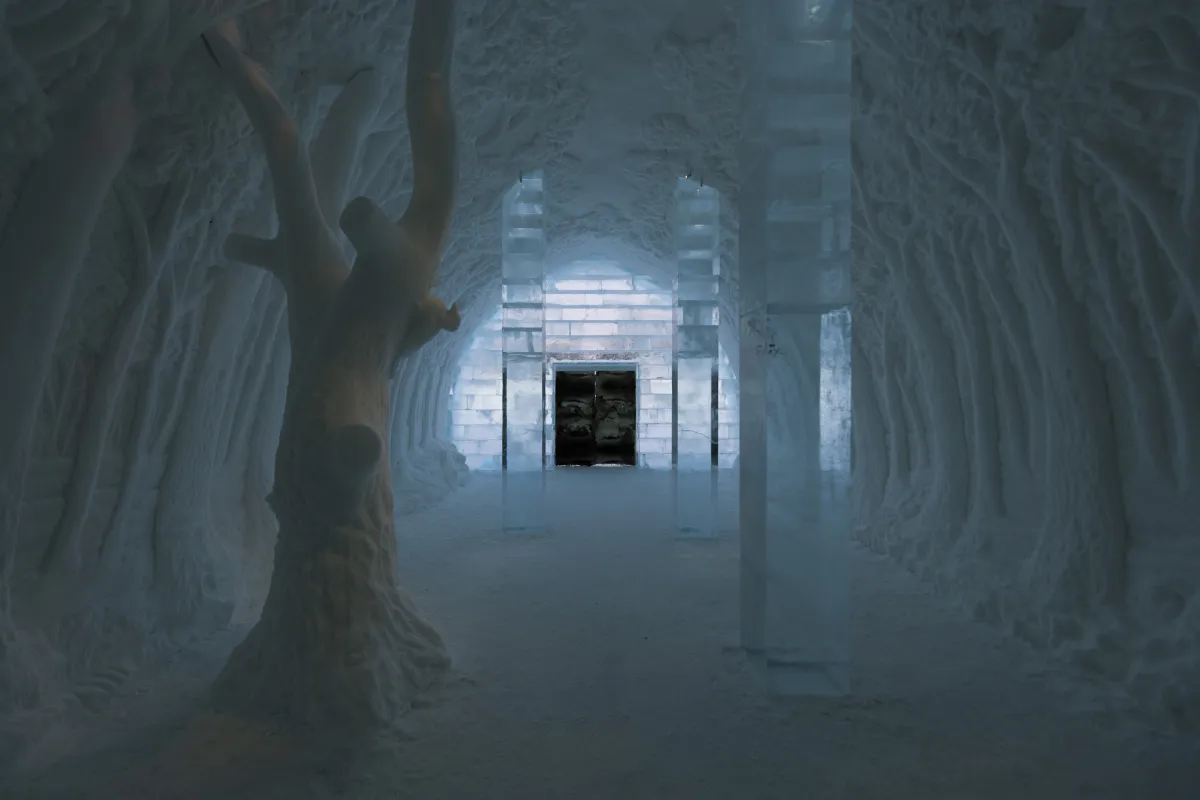 Vaulted hall of packed snow with carved openings along both sides